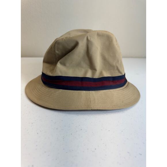 Vintage Stetson Khaki Cotton Fedora Hat Navy Burgundy Striped M Grandpa‎ Fishing - Picture 1 of 8